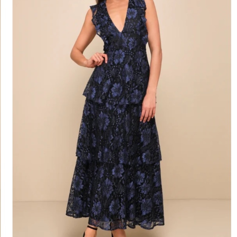Molinetto Navy Blue Lace Ruffled Tiered Sleeveless Maxi Dress